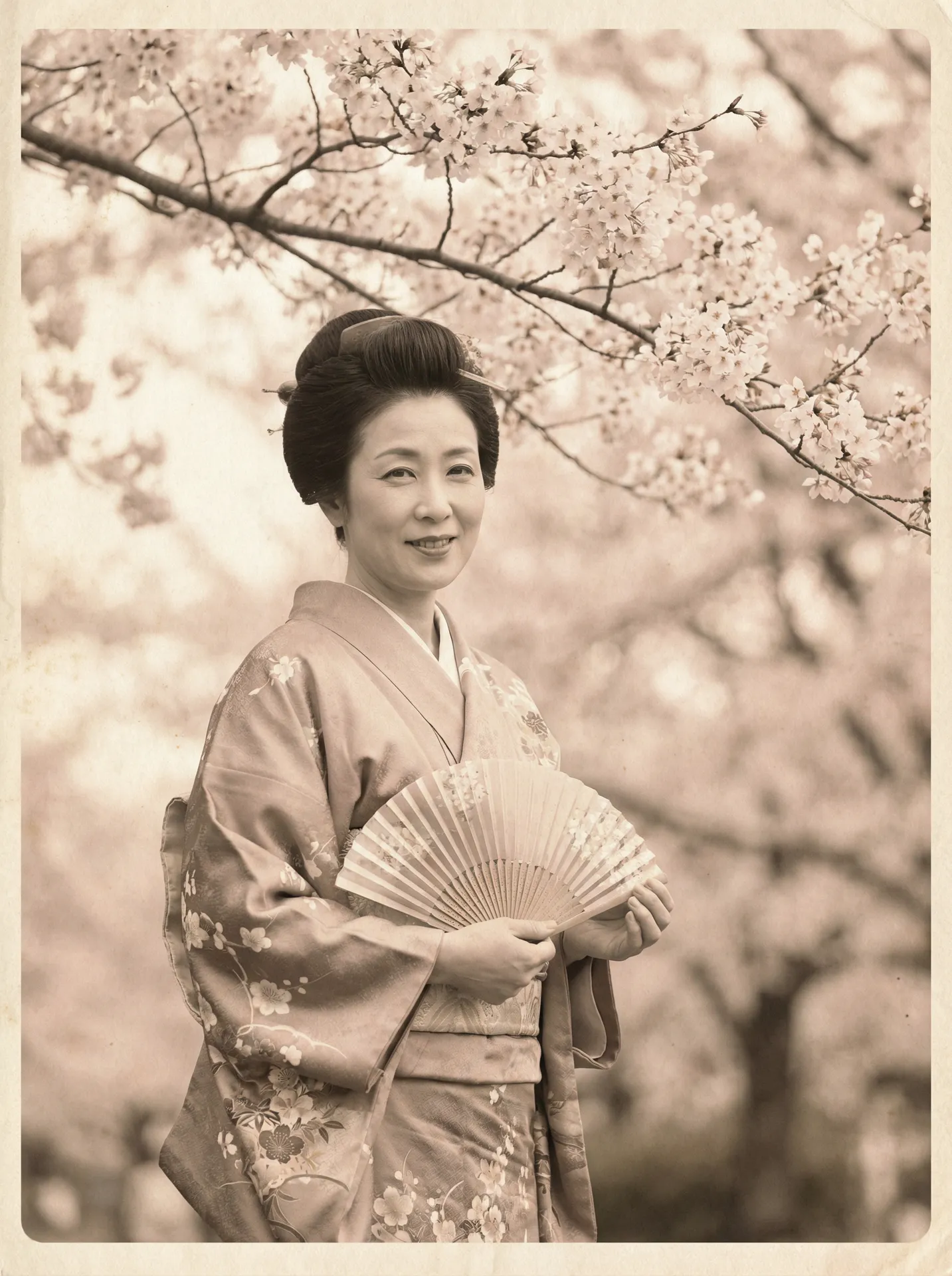 一位持扇的优雅 k体育注册送68平台平台 在樱花树下的复古写真